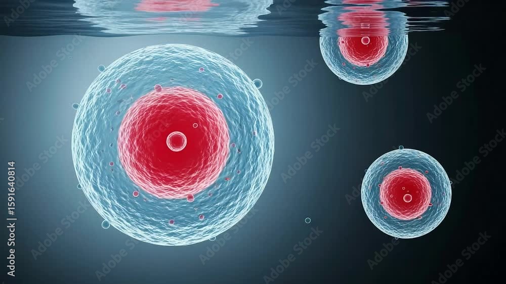 Aufkleber three floating biological cells with red nuclei inside transparent structures over dark blue backgro