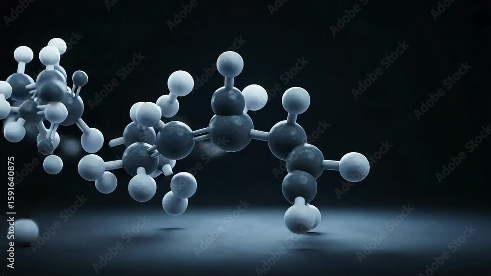 Poster three dimensional representation of molecular structure with spherical atoms against dark background