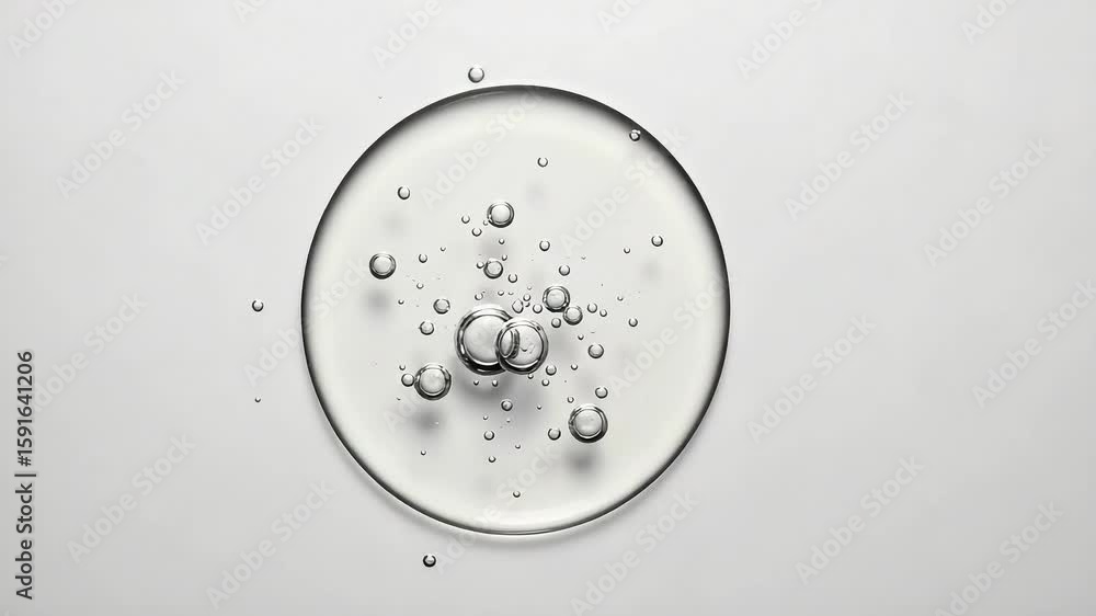 Poster transparent bubbles floating inside a circular transparent fluid over a white background