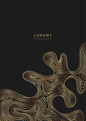 Template with linear drops. Wavy golden design. Luxury vertical banner with wave pattern. Flowing liquid texture. Bronze curves. Black background with gold lines. Geometric dynamical rippled surface