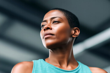 Confident athletic woman looking up with strong expression and motivational energy in fitness setting