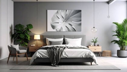A luxurious modern bedroom with a comfortable bed, stylish furniture and luxurious decor.

