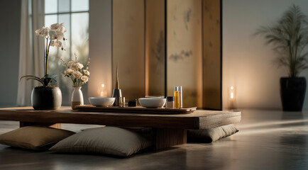 Low wooden table cushion bowl flower incense minimalist modern Japanese serene soft light create peaceful dining atmosphere