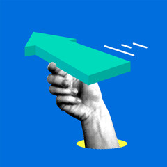 Halftone hand holding a large arrow. Modern collage. Business growth concept. Successful development. Financial strategy. Leadership concept. Investment income. Increasing profit. Path to goal