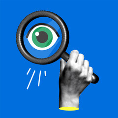 Modern collage with halftone hand holding a magnifying glass with eye. Business research. Problem analysis. Finding a solution. Observation, privacy online. Detective investigating