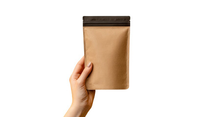 Hand holding a light brown paper packet