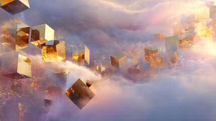 Golden cubes float in dreamy sky. Abstract art, modern design, for web, marketing, and background use.