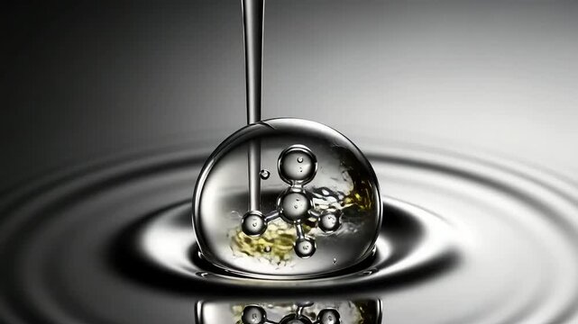 Transparent Water Droplet With Molecule Shape Reflecting on Rippled Liquid Surface in Gray Scale