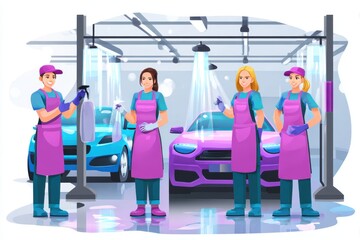 Team of car wash workers in colorful uniforms cleaning vehicles in a modern facility