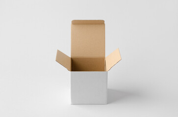Square white cardboard box with kraft interior mockup on neutral background