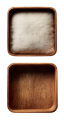 Two square wooden boxes; one with a white cushion inside