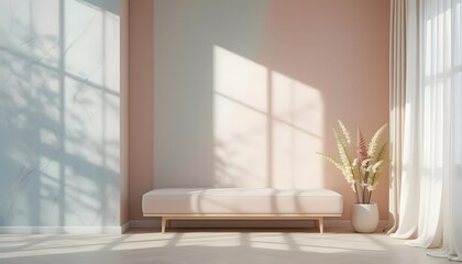 Minimalist Light Pink Wall Room with White Bench and Potted Plant