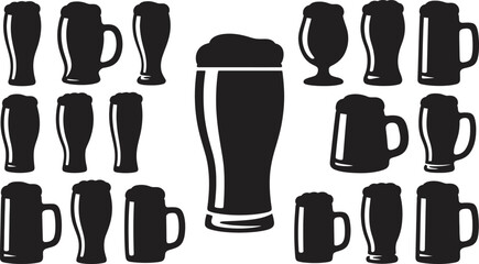 Fototapeta premium Assorted beer glasses and mugs illustration, presenting a variety of drinkware silhouettes in black against a clean white backdrop
