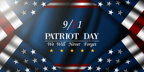We Will Never Forget Patriot Day September 11th. American flag and light. Great for posters, banners and social media. Blue background.
