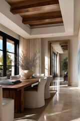 Organic modern dining room with wooden table, white chairs, large ceramic vase, natural light, and wooden ceiling beams create serene atmosphere