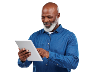 Mature Man, Relaxed Pose, Browse Digital Tablet, Casual Studio Portrait
