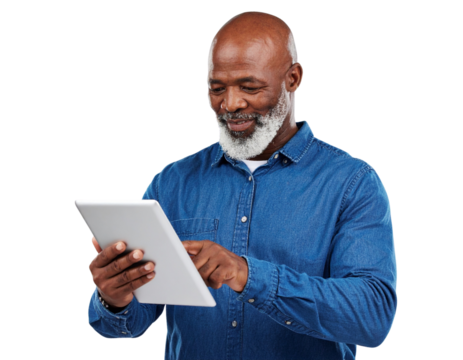 Mature Man, Relaxed Pose, Browse Digital Tablet, Casual Studio Portrait