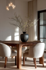 Modern dining room with wooden table, neutral armchairs, black vase, minimalist decor, natural light, and cozy atmosphere