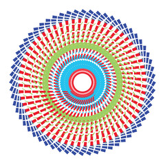 Vibrant abstract mandala with geometric spirals and colorful radial symmetry in red, blue, green, and cyan, forming an eye-catching ornamental pattern ideal for digital art, backgrounds, or textile de