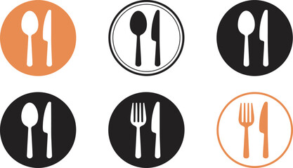 A collection of restaurant icons featuring spoons, knives, and forks in circular designs on white background.