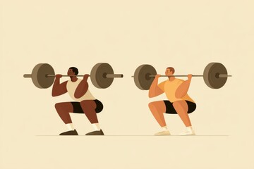 Two athletes performing squats with barbells in a minimalist gym setting, focusing on strength training