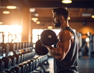 Muscular young man lifting dumbbell in a gym
