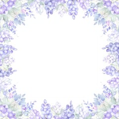 Fototapeta premium パステル調の葉と柔らかい紫のブドウ水彩フレーム