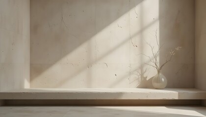 Minimalist Light Beige Marble Wall with Shadow and Vase of Branches