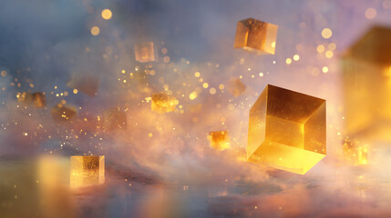 Gold cubes float in dreamlike landscape, shimmering. For concept art, web design, marketing, abstract backgrounds.