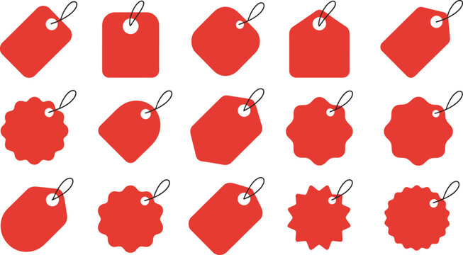 Fifteen various shapes and styles of vivid red price tags stand out against a clean white backdrop, perfect for sales and offers.