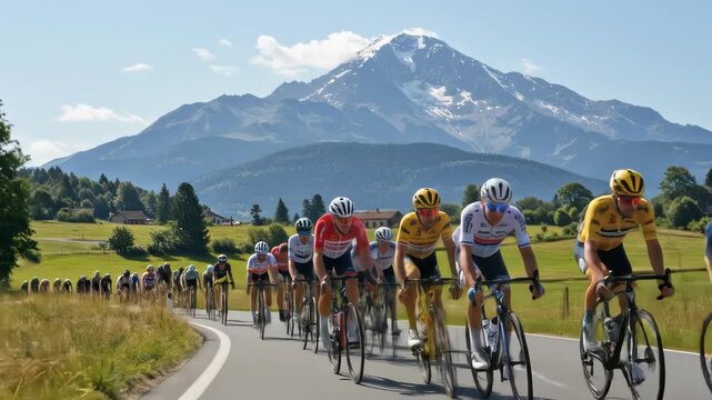 Cycling peloton races on road; snow-capped mountain backdrop