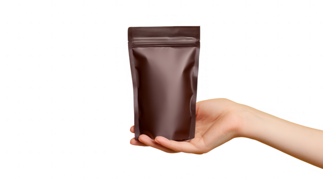 Hand holding dark brown resealable pouch