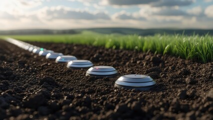 Smart agricultural sensors embedded in rows in fertile soil within a green field, representing modern farming and precision agriculture. Concept of smart farming and agricultural technology