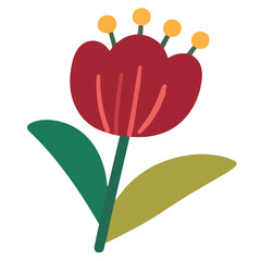 Stylized maroon flower with yellow stamen and green leaves flat vector illustration.