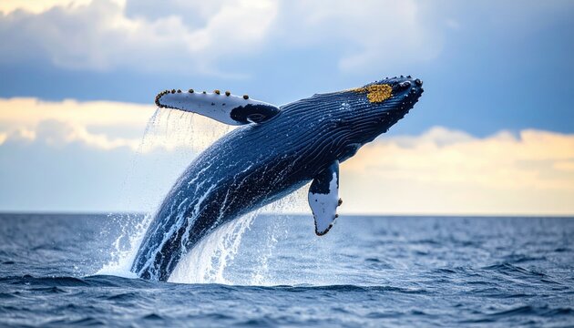 Humpback whale breaching out of the ocean at sunset