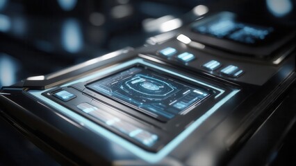 A close-up of a sleek, futuristic touchscreen interface with glowing blue lights and intricate digital patterns, symbolizing advanced control and technology. Concept of advanced technology
