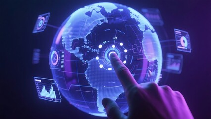 finger selecting a data node on a holographic 3D globe