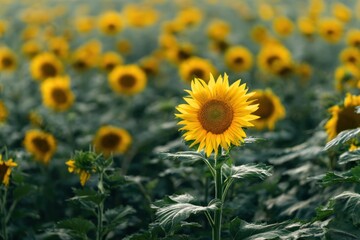 Fototapeta premium Sunflower field, one prominent
