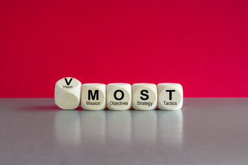 Cubes form the expression VMOST - Vision, Mission, Objectives, Strategy, Tactics. Beautiful grey...