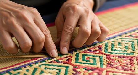 Artisan Hands Weaving a Colorful Traditional Reed Mat