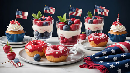 Patriotic Dessert Display with American Flags, Cupcakes, Berry Parfaits and Star Decorated Donuts on a White Table