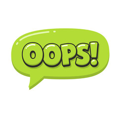 Oops speech bubble featuring word 'oops' in bold letters with black outline on green background. Oops speech bubble provides attention grabbing design for communication with playful word.
