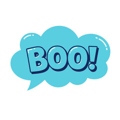 Boo speech bubble with exclamation mark on blue cloudy shape, conveying a sudden shout or surprise. Boo speech bubble shouts loudly with bold sans-serif letters and dark outlines.