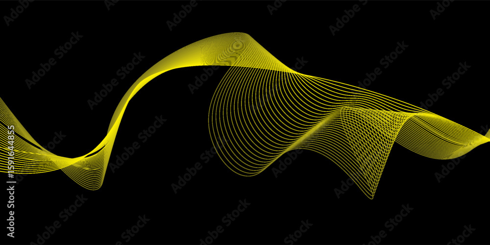 Poster abstract gold smooth waves on black background. dynamic sound waves. design elements