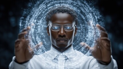 Futuristic vision of a professional analyzing digital advanced holographic displays