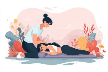 Two women practicing relaxation techniques in a serene outdoor setting surrounded by nature