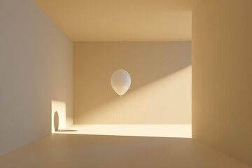 Single white balloon floating in minimal beige room, sunlight casting soft shadow on wall, peaceful and calm atmosphere, modern abstract interior design