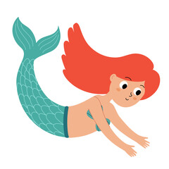 Cute mermaid swimming downward with her arms reaching out. Funny underwater character with red hair isolated on white background. Vector illustration