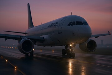 Airplane Ready for Takeoff Awaiting Departure on the Runway at Dawn