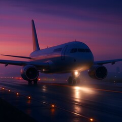 Airplane on Runway at Dusk A Serene Evening Departure Under a Colorful Sky